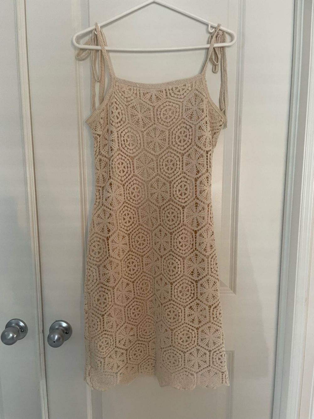 Beige Crochet Tie-Shoulder Lined Sundress
